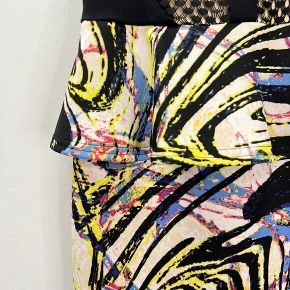 Bebe Bodycon Peplum Lace Neoprene Bright Colorful Midi Dress Sleeveless Black XS - Picture 7 of 16